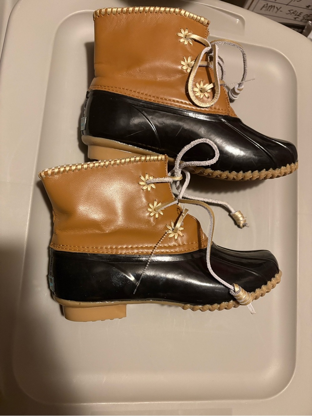 Jack Rogers Two-Tone Tan and Black Waterproof Duck Boots